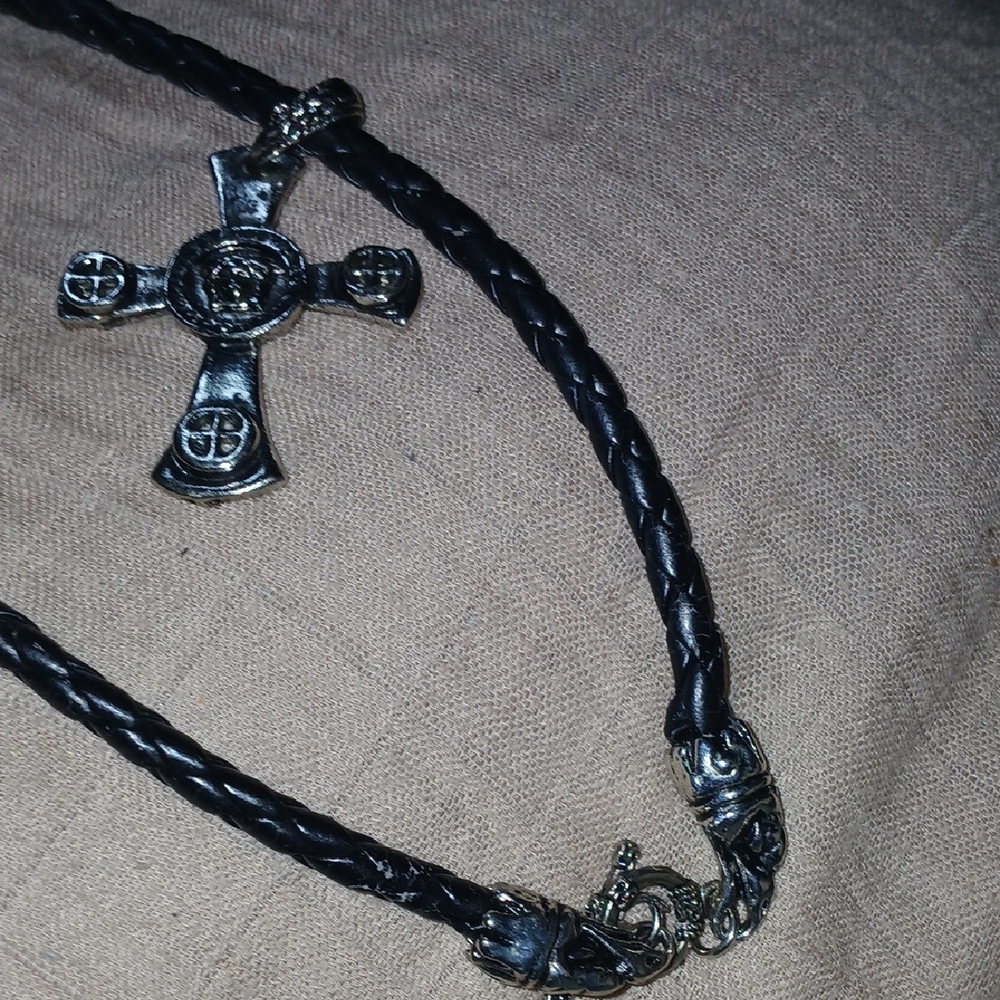 Men's Black Leather Necklace with Silver Cross Pendant